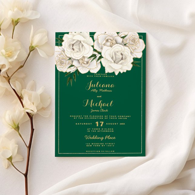 Green white gold glitter roses floral Wedding  Invitation (Green white gold glitter roses floral Wedding )