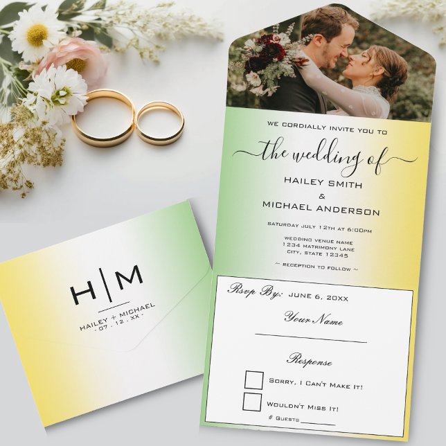 Green White & Gold Jamaica Modern Photo Wedding All In One Invitation (Green White & Gold Jamaica Modern Photo Wedding All In One Invitation)