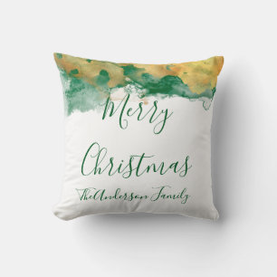 Green White Gold Monogram Merry Christmas  Cushion