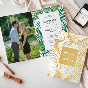 Green White Gold Palm Leaves Wedding Invitation