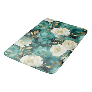 Green White Gold Rose Floral Bath Mat
