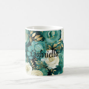 Green White Gold Rose Floral Coffee Mug