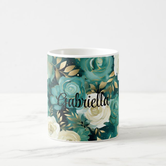 Green White Gold Rose Floral Coffee Mug (Center)