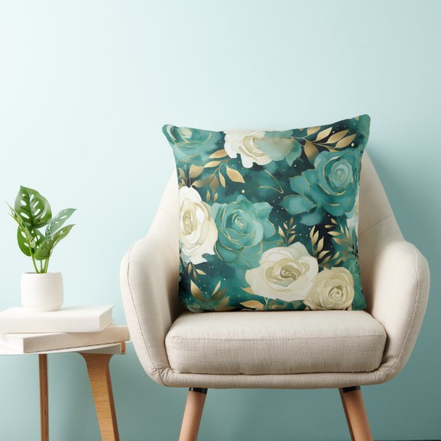 Green White Gold Rose Floral Cushion (Chair)