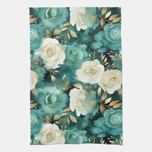 Green White Gold Rose Floral Tea Towel (Vertical)