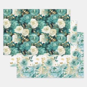 Green White Gold Rose Floral Wrapping Paper Sheet