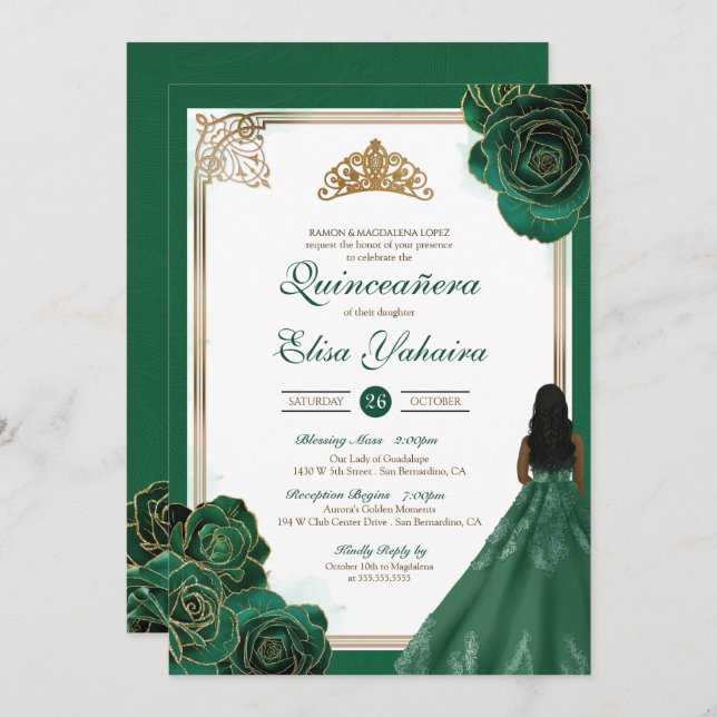 Green White Gold Roses Royal Elegant Quinceanera Invitation (Front/Back)