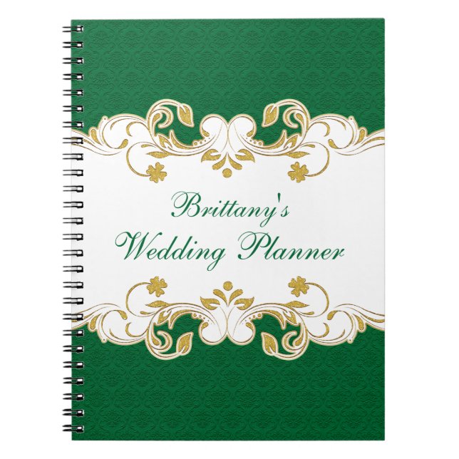 Green, White, Gold Scroll Wedding Planner Notebook (Front)
