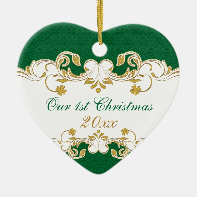 Green White Gold Scrolls, Shamrocks 1st Christmas Ceramic Ornament (Front)