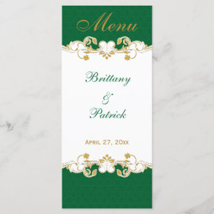Green White Gold Scrolls, Shamrocks Menu Card