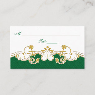 Green White Gold Scrolls, Shamrocks Place Cards