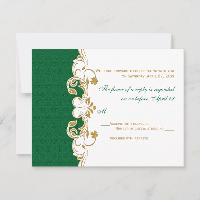 Green White Gold Scrolls, Shamrocks RSVP Card (Front)