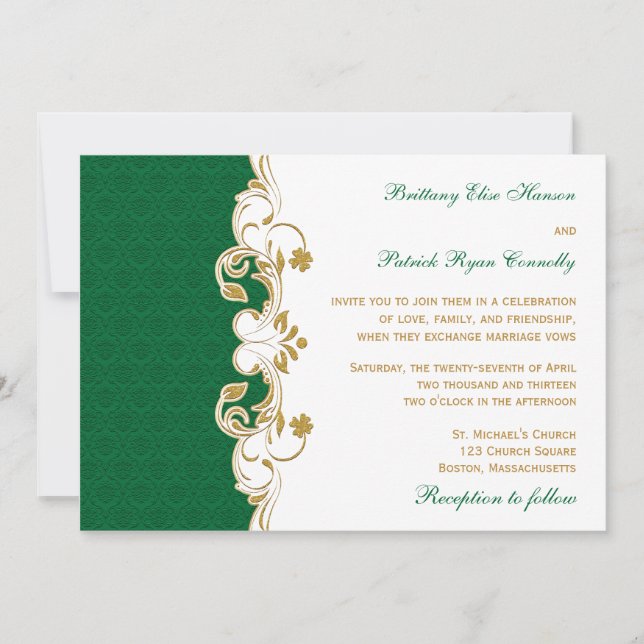 Green White Gold Scrolls, Shamrocks Wedding Invite (Front)