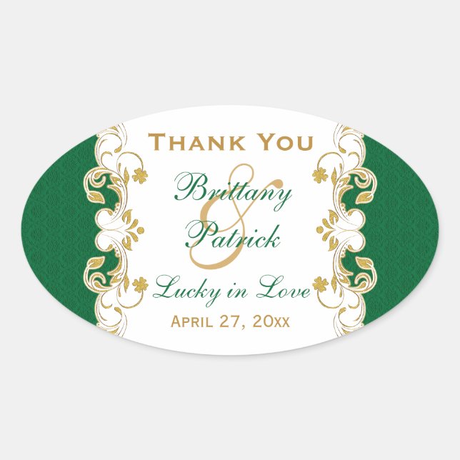 Green, White, Gold Scrolls Wedding Favour Sticker (Front)