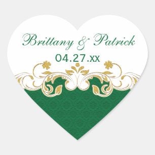 Green, White, Gold Scrolls Wedding Favour Sticker