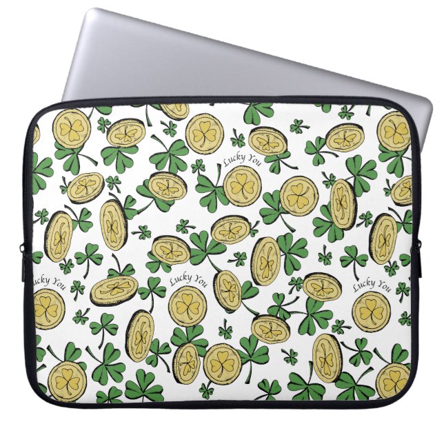 Green White & Gold St Patrick's Lucky You Shamrock Laptop Sleeve (Front)