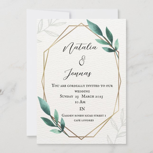 Green white gold touch Card wedding invitation  (Front)