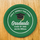 Green White Graduate Custom 2025 Graduation Party Paper Plate<br><div class="desc">This modern green and white custom graduation party paper plate features classy typography of your high school or college name for the class of 2025. Customise with your graduating year under the chic handwritten script and black grad cap for great personalised graduate decor.</div>