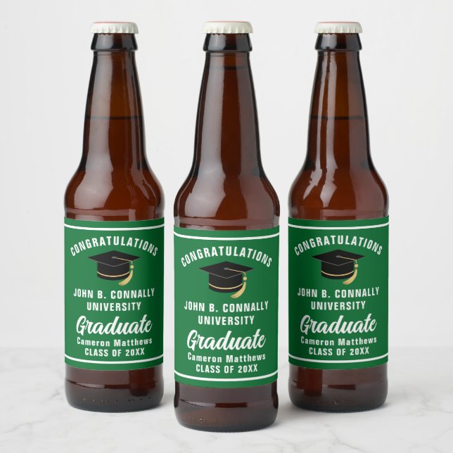 Green White Graduate Custom Graduation Party Beer Bottle Label (Bottles)