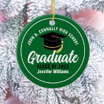 Green White Graduate Custom Keepsake Christmas Ceramic Ornament<br><div class="desc">This modern green and white custom senior graduate Christmas ornament features your high school or college name for the class of 2025. Customise with your graduating year under the chic handwritten script and black grad cap for a great personalised graduation gift.</div>