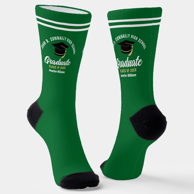 Green White Graduate Personalised 2025 Graduation Socks (Angled)