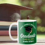Green White Graduate Personalised Graduation Coffee Mug<br><div class="desc">This modern green and white custom senior graduation mug features classy typography of your high school or college name for the class of 2025. Customise with your graduating year under the chic handwritten script and black grad cap for a great personalised graduate keepsake gift.</div>