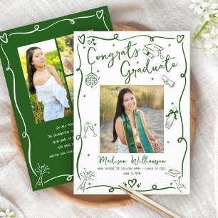 Green White Graduation 5 Photo Hand Drawn Sketches Announcement