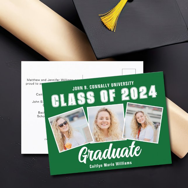 Green White Graduation Photo Collage 2025 Graduate Announcement Postcard (Creator Uploaded)