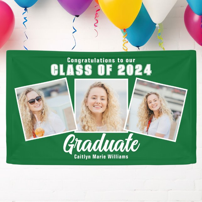 Green White Graduation Photo Collage 2025 Party Banner (Creator Uploaded)