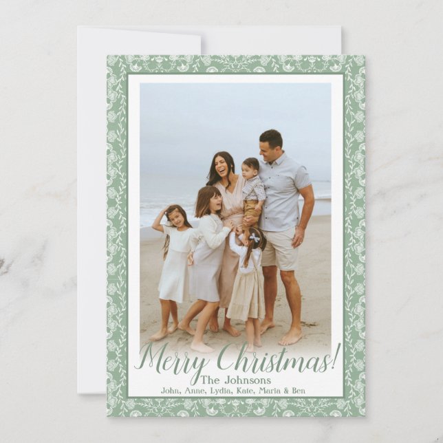 Green & White Grandmillenial Custom Photo Holiday Card (Front)