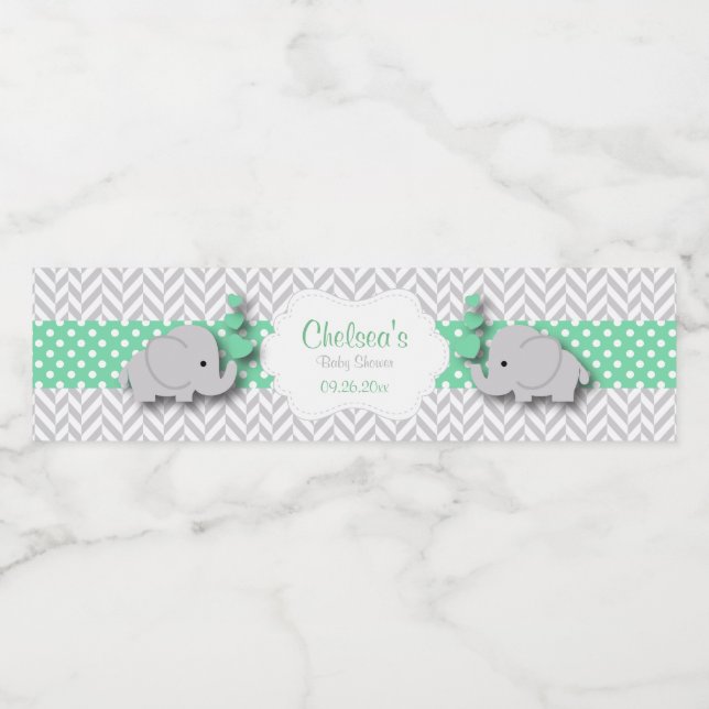 Green, White Grey Elephant Baby Shower Water Bottle Label (Single Label)