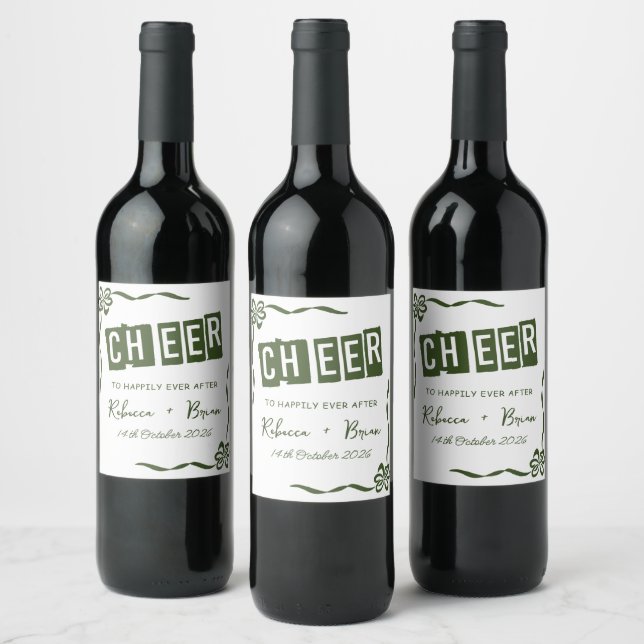 Green & White Hand Drawn Bow Sketch Wedding Wine Label (Bottles)