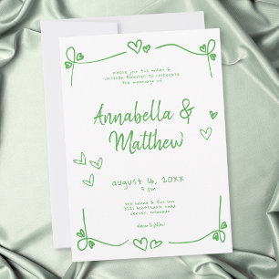 Green White Hand Drawn Heart Whimsical Wedding Invitation