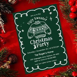 Green & White Hand Drawn Ugly Sweater Christmas Invitation