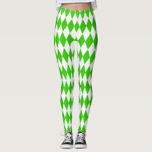 Green White Harlequin Diamonds Checkers Design Leggings