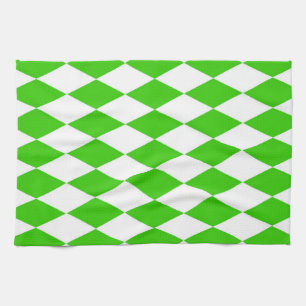Green White Harlequin Diamonds Checkers Design Tea Towel