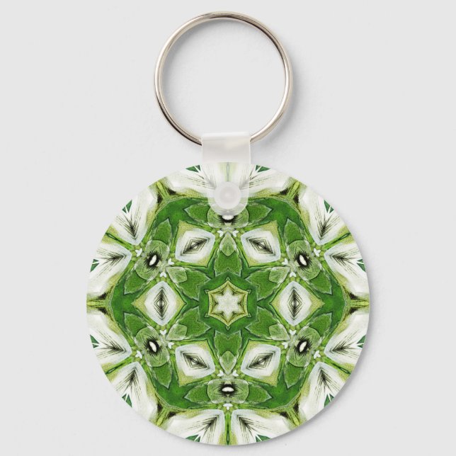 Green White Hexagon Kaleidoscope Keychain (Front)