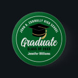 Green White High School Graduate Custom Name Tag 6 Cm Round Badge<br><div class="desc">This modern green and white custom senior graduate button features classy white typography of your high school or college name for the class of 2025. Customise with your graduating year under the chic black handwritten script and black grad cap for a great personalised graduation name tag for a party or...</div>