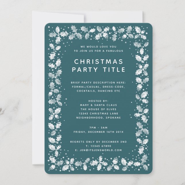 Green + White Holly Leaf Border Christmas Party Invitation (Front)