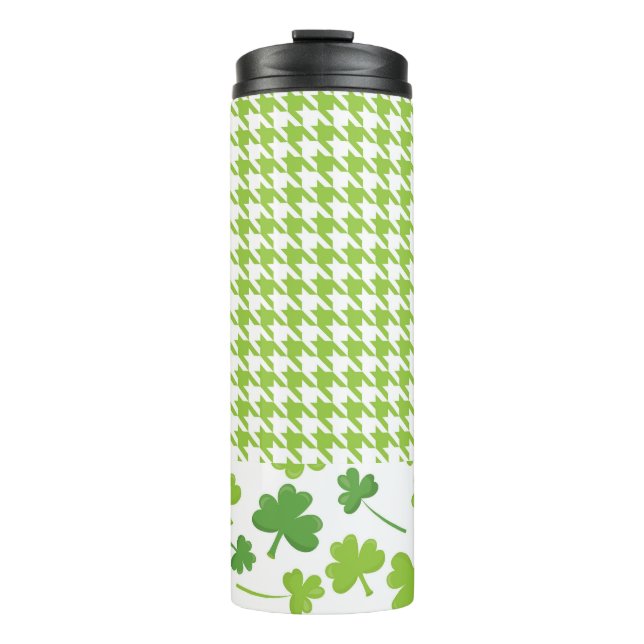 GREEN & WHITE HOUNDSTOOTH PATTERN WITH SHAMROCKS THERMAL TUMBLER (Front)