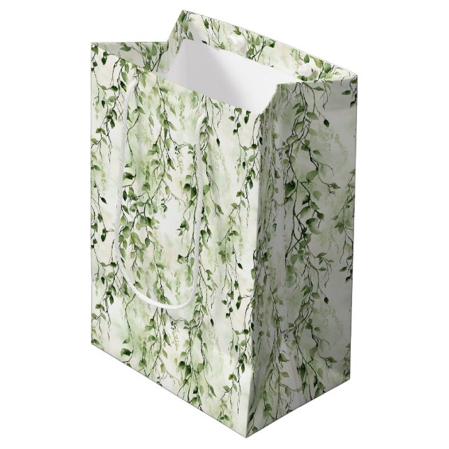 Green White Ivy Leaves Wild Jungle Birthday Medium Gift Bag (Front Angled)