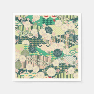 Green White Japanese Kimono Floral Decoupage Paper Napkin