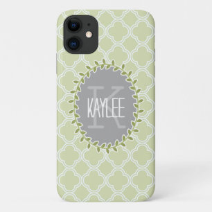 Green White Lattice Pattern Monogrammed Vine iPhone 11 Case