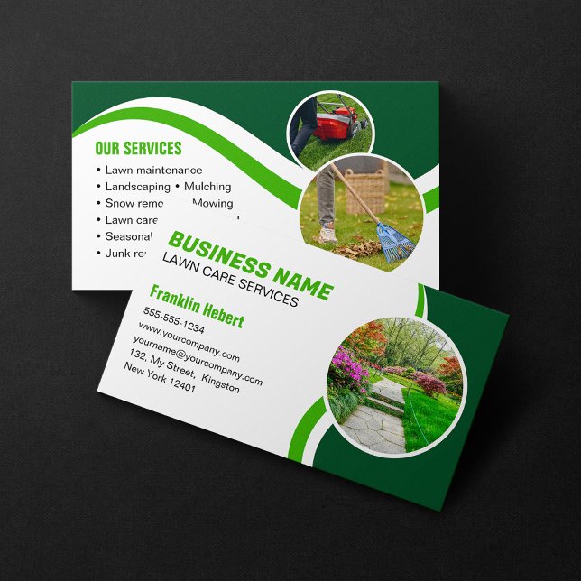 Green White Lawn Care Landscaping Mowing 3 Photo Business Card (Creator Uploaded)