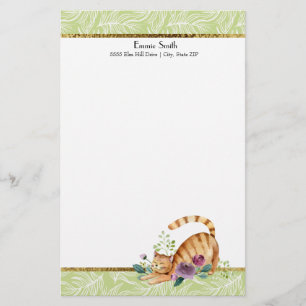 Green White Leaves and Gold Tiger Cat Stationery