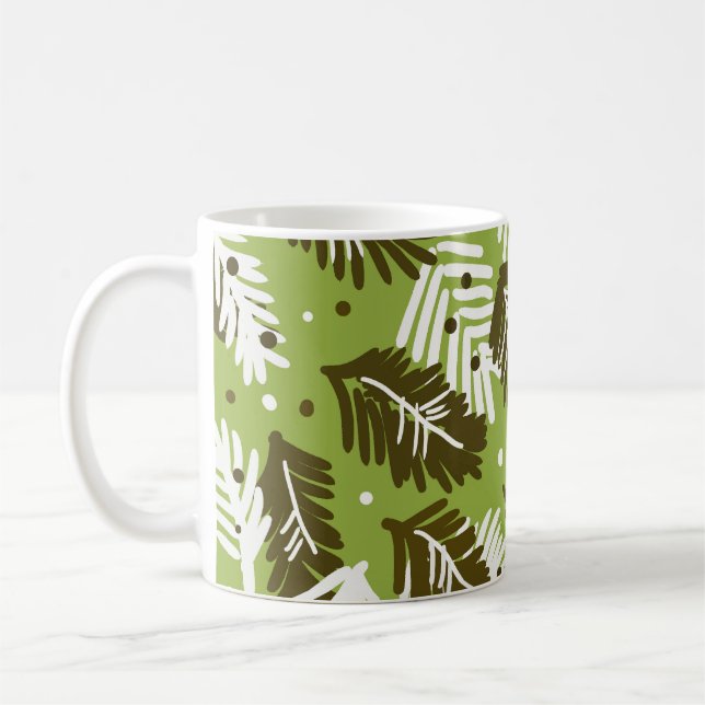 Green White Leaves: Coniferous Pattern Coffee Mug (Left)