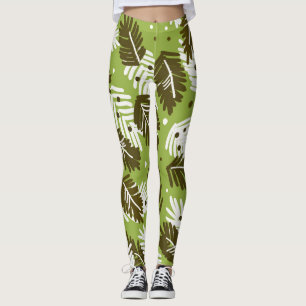 Green White Leaves: Coniferous Pattern Leggings