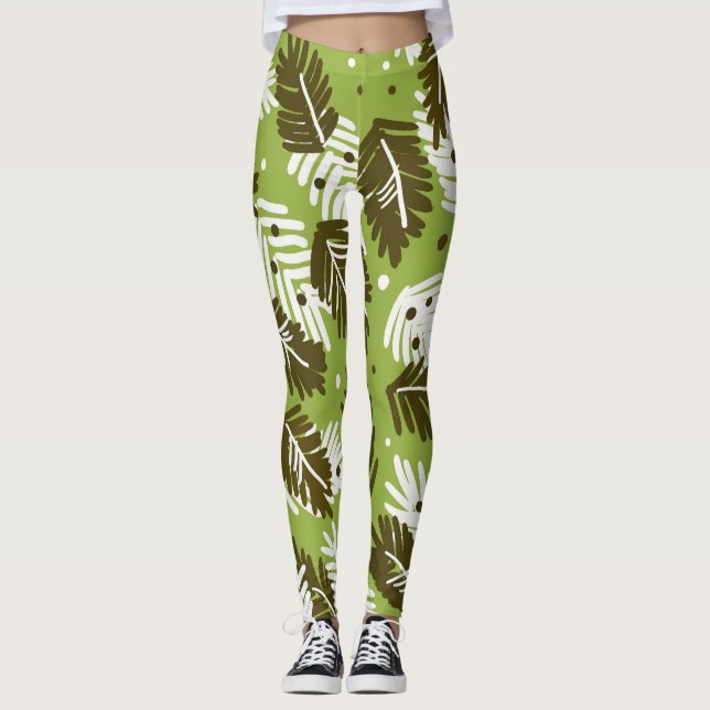 Green White Leaves: Coniferous Pattern Leggings (Front)