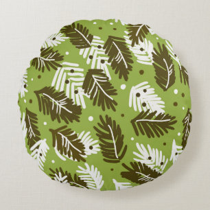 Green White Leaves: Coniferous Pattern Round Cushion