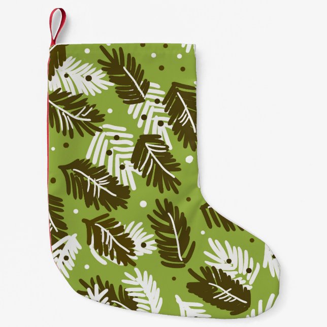 Green White Leaves: Coniferous Pattern Small Christmas Stocking (Front)